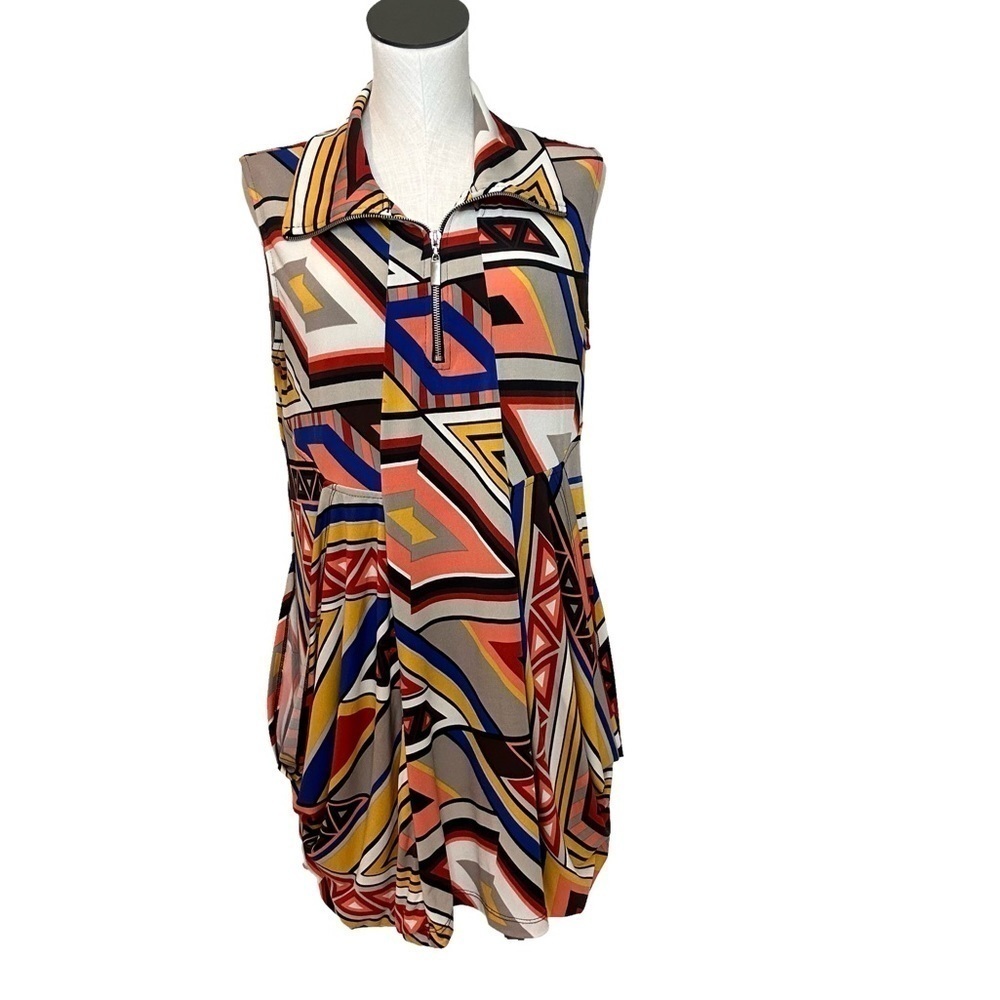 Sharon Max 1/4 Zip Sleeveless Slouch Pocket Abstract Tunic, size L